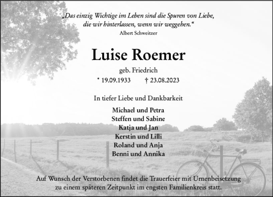 Traueranzeige von Luise Roemer von Hinterländer Anzeiger