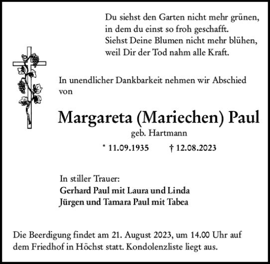 Traueranzeige von Margareta Paul von Odenwälder Echo