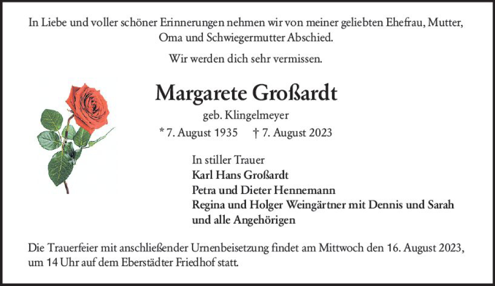  Traueranzeige für Margarete Großardt vom 12.08.2023 aus Darmstädter Echo