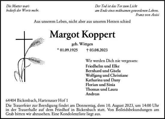 Traueranzeige von Margot Koppert von Darmstädter Echo