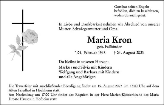 Traueranzeige von Maria Kron von Hochheimer Zeitung