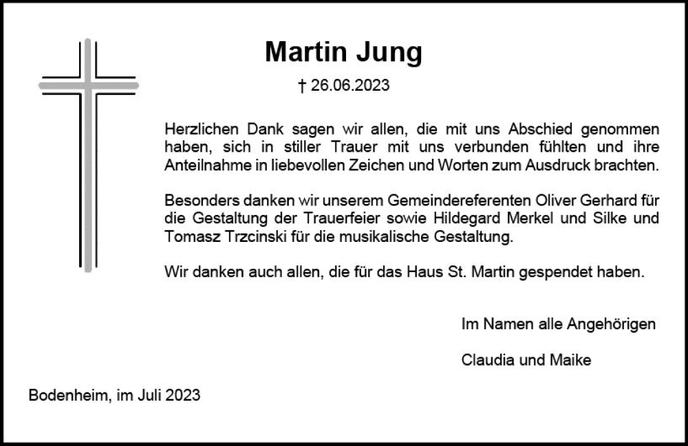 Traueranzeige für Martin Jung vom 05.08.2023 aus Allgemeine Zeitung Mainz