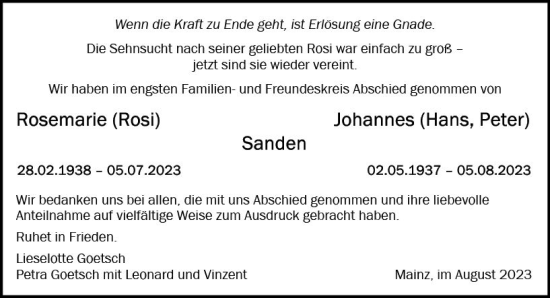 Traueranzeige von Rosemarie Sanden von Allgemeine Zeitung Mainz