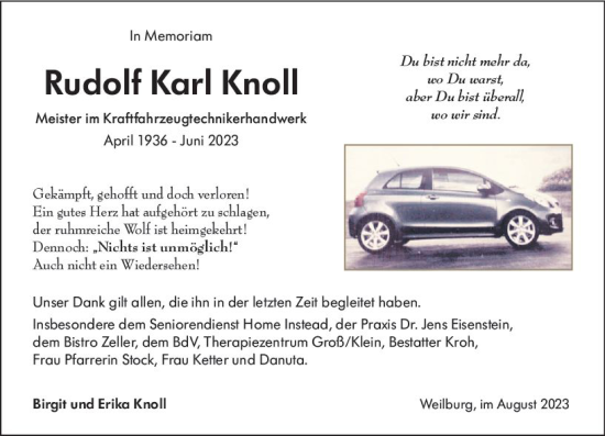 Traueranzeige von Rudolf Karl Knoll von Weilburger Tageblatt