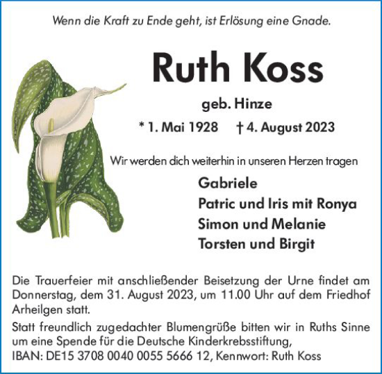 Traueranzeige von Ruth Koss von Darmstädter Echo