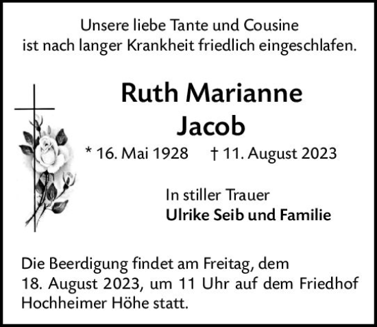 Traueranzeige von Ruth Marianne Jacob von Wormser Zeitung
