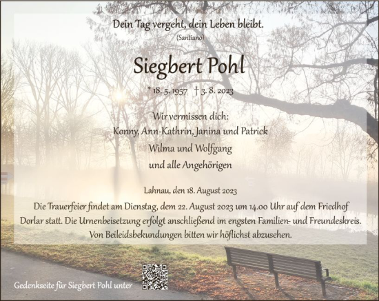 Traueranzeige von Siegbert Pohl von Wetzlarer Neue Zeitung