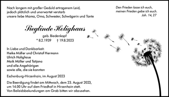 Traueranzeige von Sieglinde Holighaus von Dill Block