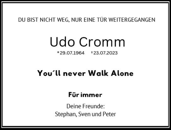 Traueranzeige von Udo Cromm von Weilburger Tageblatt