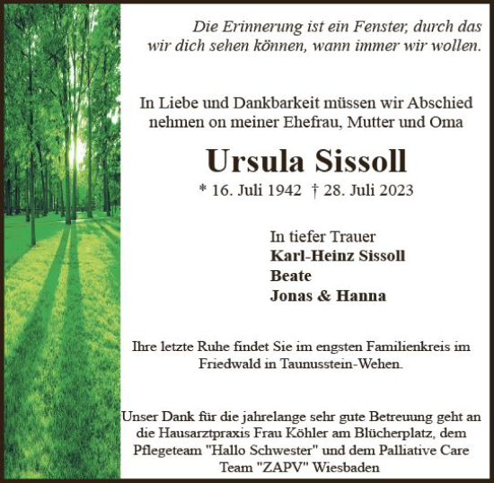 Traueranzeige von Ursula Sissoll von Wiesbadener Kurier