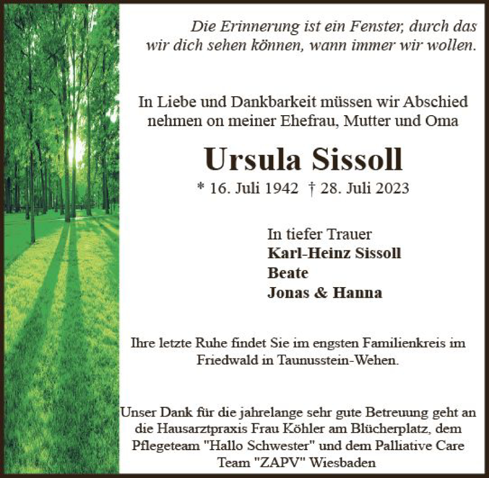  Traueranzeige für Ursula Sissoll vom 05.08.2023 aus Wiesbadener Kurier