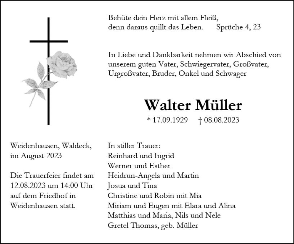  Traueranzeige für Walter Müller vom 10.08.2023 aus Hinterländer Anzeiger