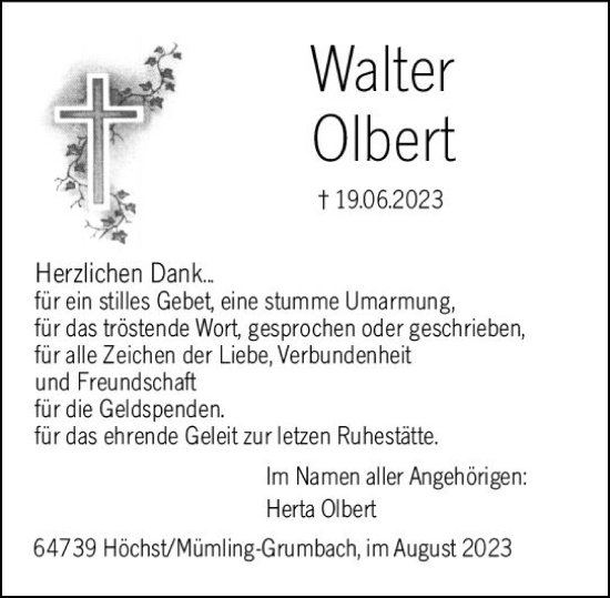 Traueranzeige von Walter Olbert von Odenwälder Echo