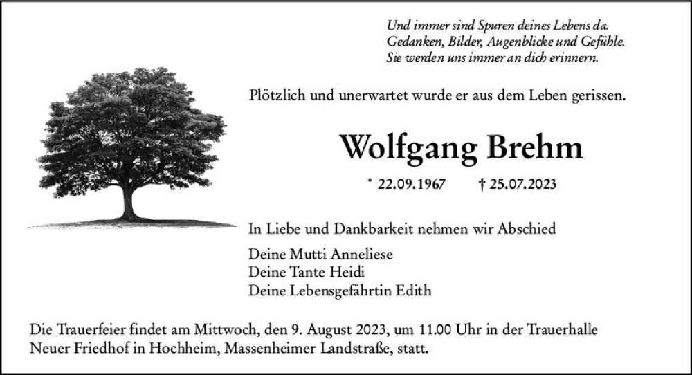  Traueranzeige für Wolfgang Brehm vom 04.08.2023 aus Hochheimer Zeitung