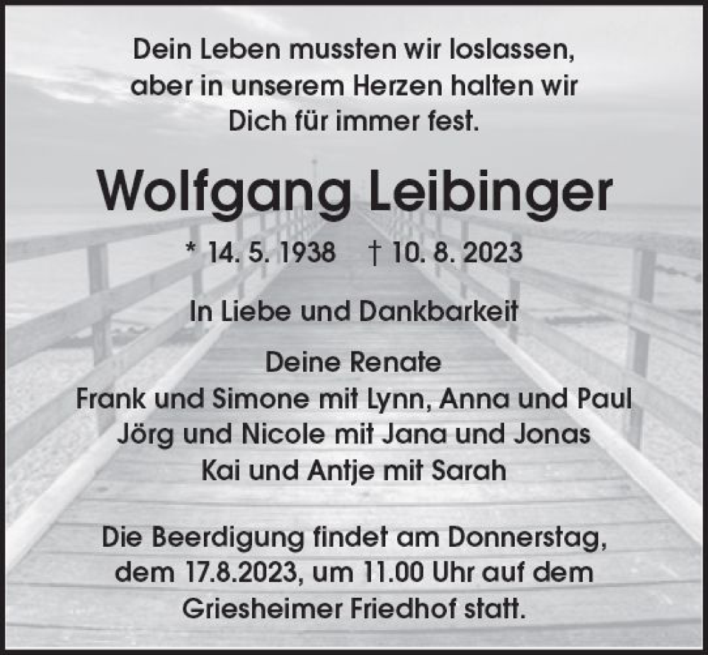  Traueranzeige für Wolfgang Leibinger vom 15.08.2023 aus Darmstädter Echo