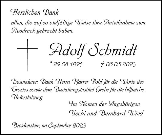 Traueranzeige von Adolf Schmidt von Hinterländer Anzeiger