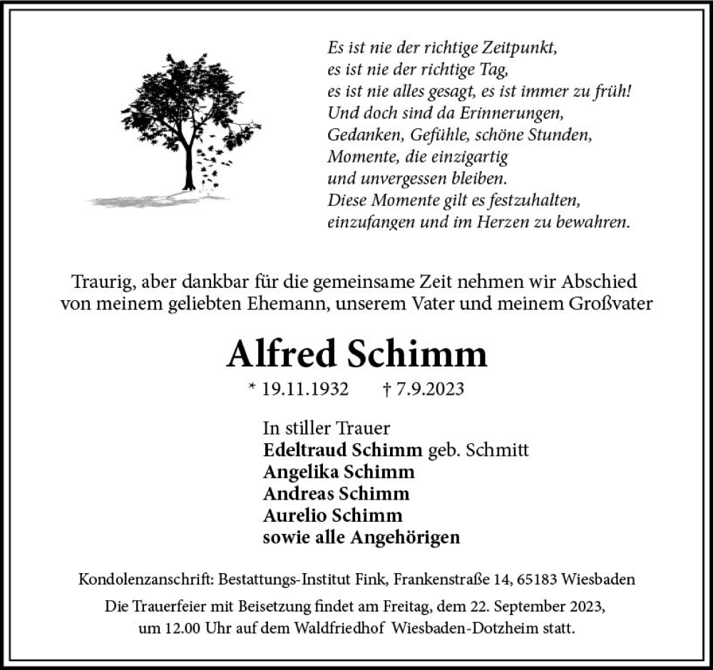  Traueranzeige für Alfred Schimm vom 16.09.2023 aus Wiesbadener Kurier