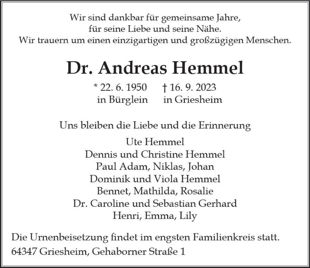  Traueranzeige für Andreas Hemmel vom 23.09.2023 aus Darmstädter Echo