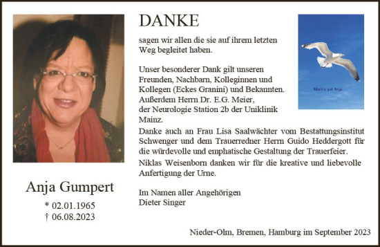 Traueranzeige von Anja Gumpert von Allgemeine Zeitung Mainz