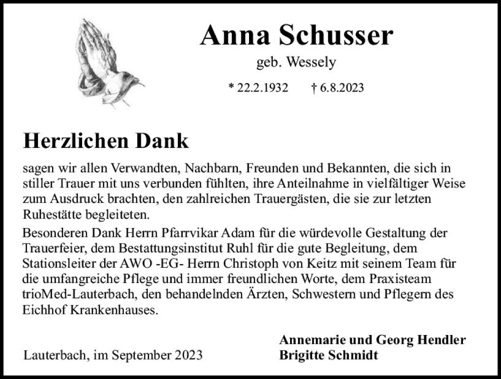  Traueranzeige für Anna Schusser vom 23.09.2023 aus VRM Trauer
