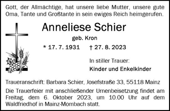 Traueranzeige von Anneliese Schier von Wormser Zeitung