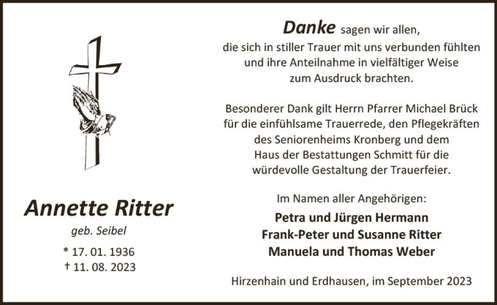  Traueranzeige für Annette Ritter vom 22.09.2023 aus Hinterländer Anzeiger