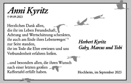 Traueranzeige von Anni Kyritz von Hochheimer Zeitung