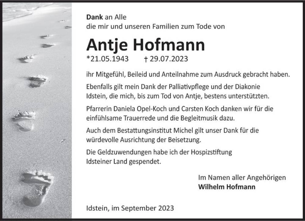  Traueranzeige für Antje Hofmann vom 16.09.2023 aus Idsteiner Land/Untertaunus