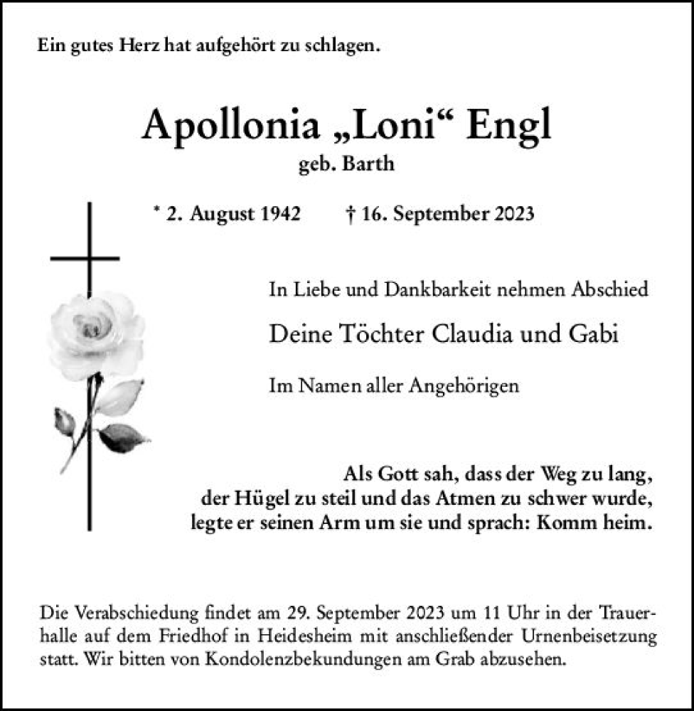  Traueranzeige für Apollonia Engl vom 23.09.2023 aus Allgemeine Zeitung Bingen/Ingelheim