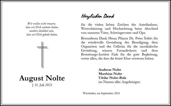 Traueranzeige von August Nolte von Wiesbadener Kurier
