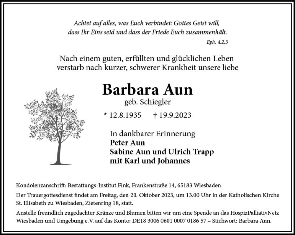  Traueranzeige für Barbara Aun vom 30.09.2023 aus Wiesbadener Kurier