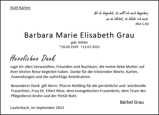 Traueranzeige von Barbara Marie Elisabeth Grau von Oberhessen Kurier