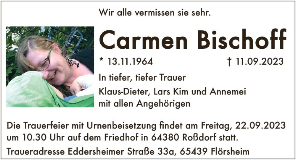  Traueranzeige für Carmen Bischoff vom 16.09.2023 aus Darmstädter Echo