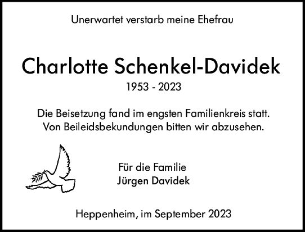  Traueranzeige für Charlotte Schenkel-Davidek vom 11.09.2023 aus Starkenburger Echo