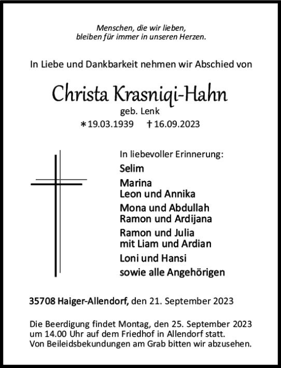 Traueranzeige von Christa Krasniqi-Hahn von Dill Block