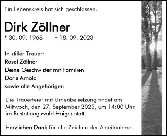 Traueranzeige von Dirk Zöllner von Dill Block