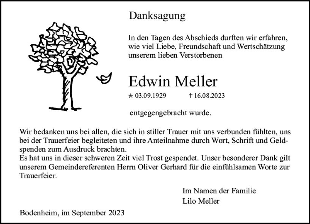  Traueranzeige für Edwin Meller vom 23.09.2023 aus Allgemeine Zeitung Mainz