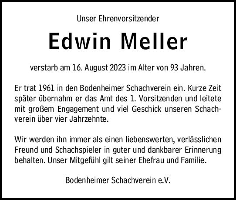  Traueranzeige für Edwin Meller vom 09.09.2023 aus Allgemeine Zeitung Mainz