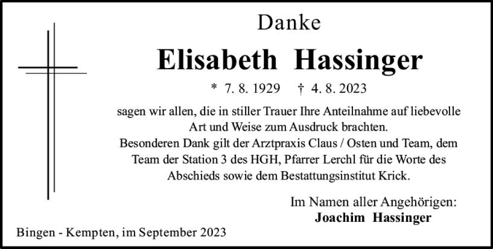  Traueranzeige für Elisabeth Hassinger vom 09.09.2023 aus Bingen/Ingelheim WOBL inkl. Neue Binger Ztg.