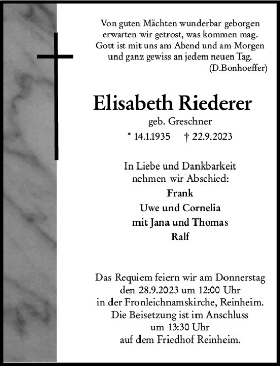 Traueranzeige von Elisabeth Riederer von Darmstädter Echo