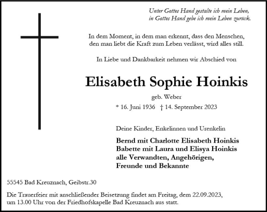 Traueranzeige von Elisabeth Sophie Hoinkis von Allgemeine Zeitung Bad Kreuznach