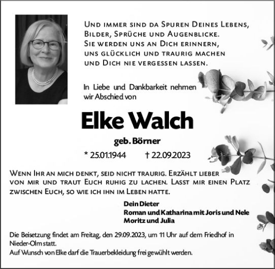 Traueranzeige von Elke Walch von Allgemeine Zeitung Mainz