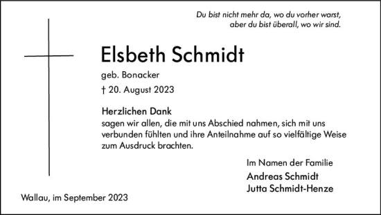 Traueranzeige von Elsbeth Schmidt von Hinterländer Anzeiger