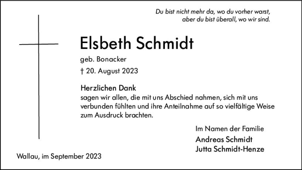  Traueranzeige für Elsbeth Schmidt vom 20.09.2023 aus Hinterländer Anzeiger