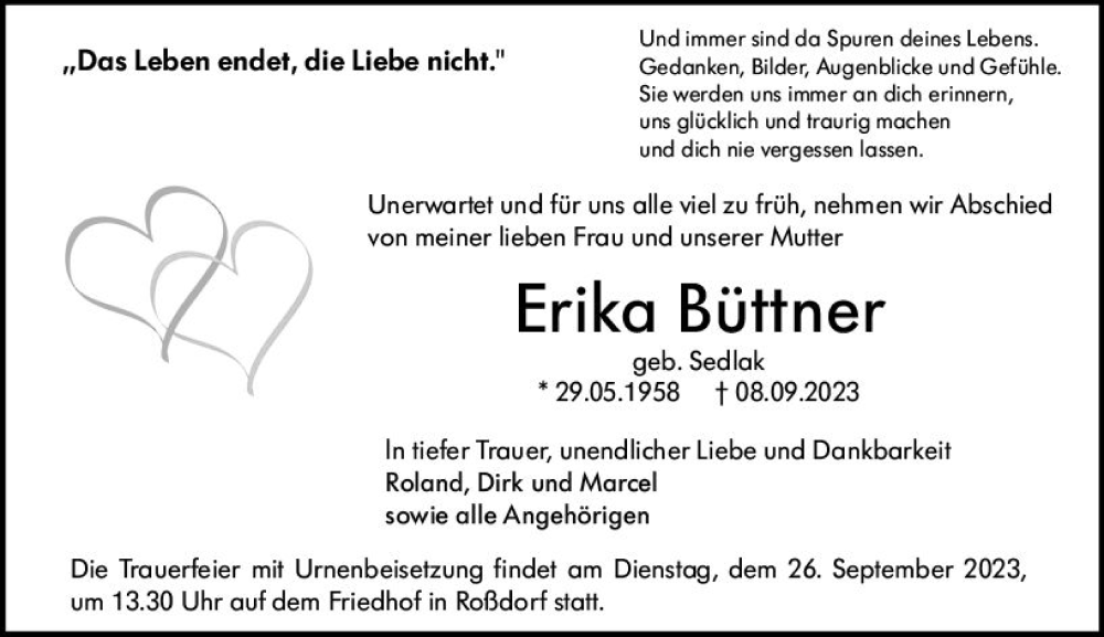  Traueranzeige für Erika Büttner vom 23.09.2023 aus Darmstädter Echo