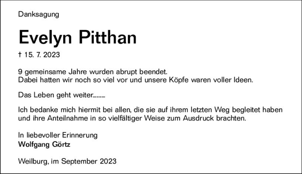  Traueranzeige für Evelyn Pitthan vom 23.09.2023 aus Weilburger Tageblatt