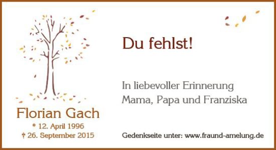 Traueranzeige von Florian Gach von Wiesbadener Kurier