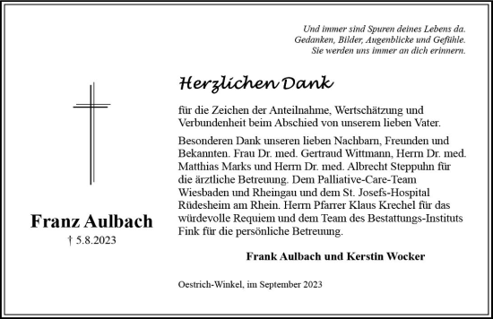 Traueranzeige von Franz Aulbach von Wiesbadener Kurier