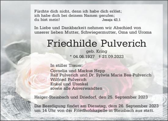 Traueranzeige von Friedhilde Pulverich von Dill Block