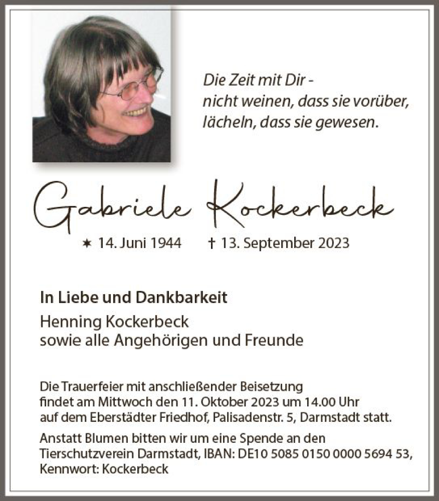  Traueranzeige für Gabriele Kockerbeck vom 30.09.2023 aus Darmstädter Echo